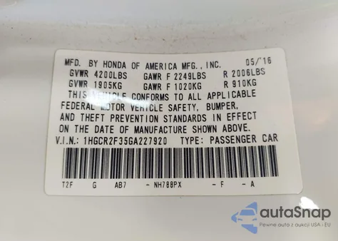 2016 Honda Accord Lx from USA, damaged, VIN 1HGCR2F35GA227920